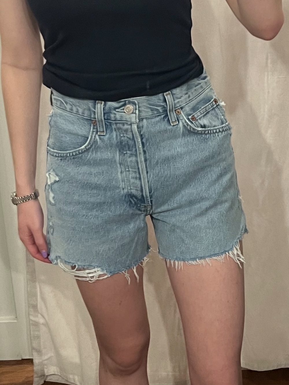 Agolde Light Wash Distressed Denim Jean Shorts